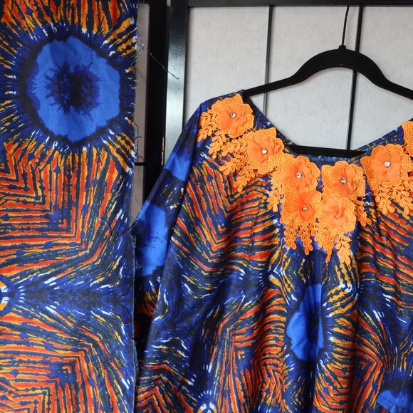 African Vibrant Blue and Orange Kaftan Bubu Gown NWOT 1 Size - Picture 12 of 16